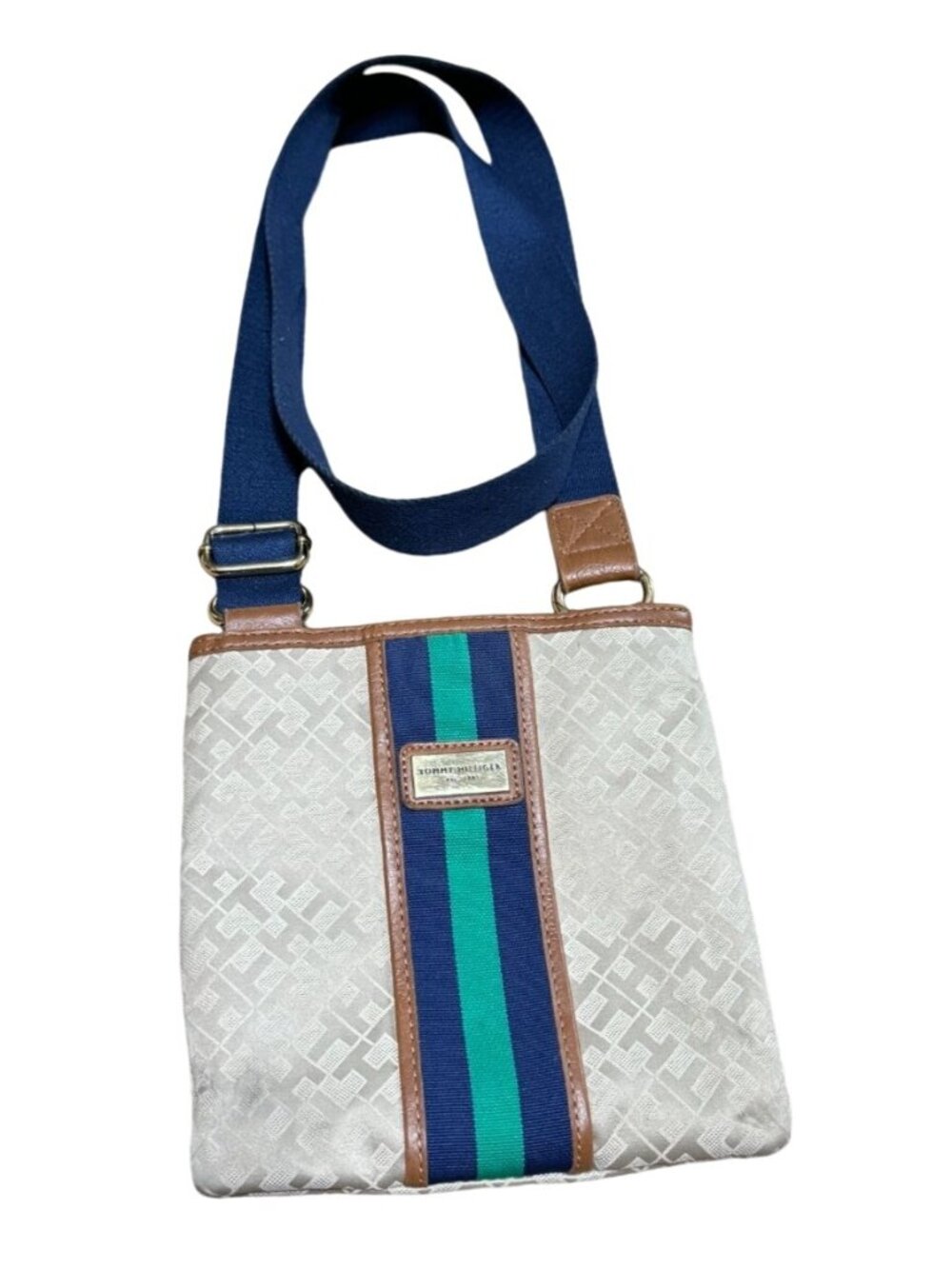 Y2K Tommy Hilfiger Crossbody Purse Handbag Bag Tan Blue Strap 8"X 7.5"